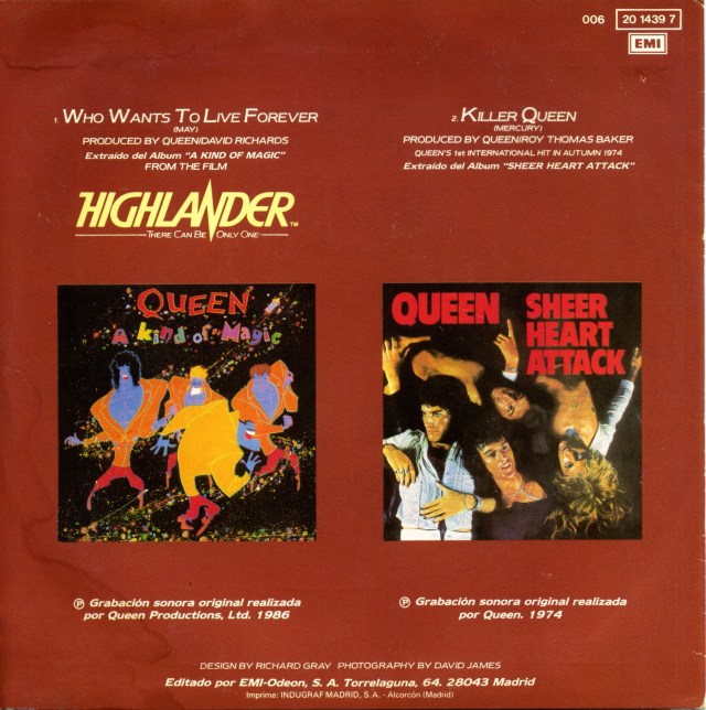 Who Wants To Live Forever / Killer Queen - EMI 006-2014397 SPAIN (1986) - Back