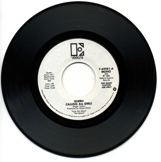 Calling All Girls (Mono) / Calling All Girls (Stereo) - ELEKTRA 7-69981 USA (1982) ~ White label promo. "For radio station use only" on label - Side A