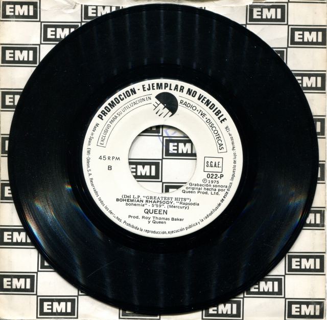 We Will Rock You / Bohemian Rhapsody - EMI 022-P SPAIN (1981) ~ No PS. Promotional copy. White label.  