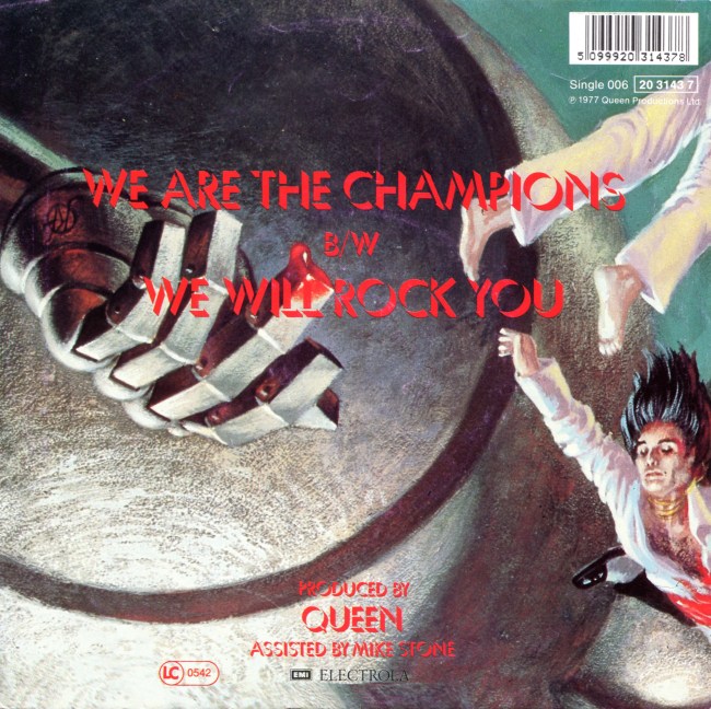 We Are The Champions / We Will Rock You - EMI 1C 006-60045 GERMANY (1988) ~ Second edition with barcode on back. Back