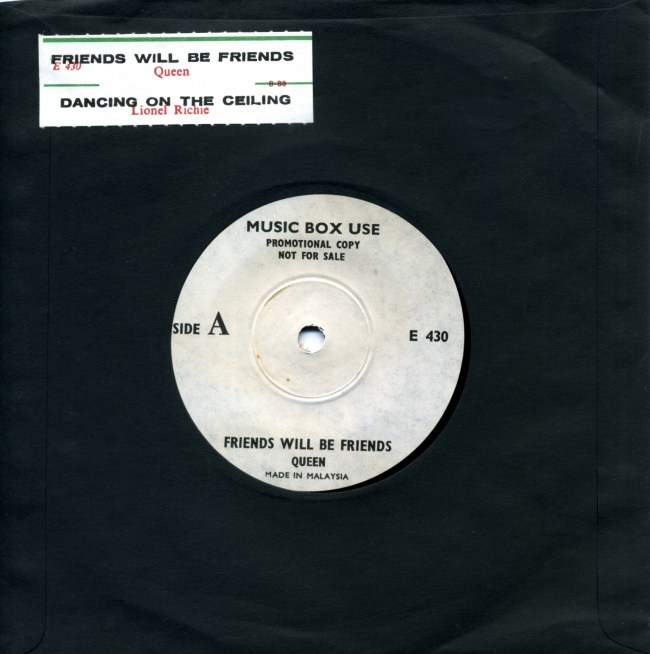 Friends Will Be Friends / Dancing On The Ceiling (Lionel Richie) - MUSIC BOX USE E 430 MALAYSIA (-) ~ Promotional copy - No PS. "Not for sale" on label