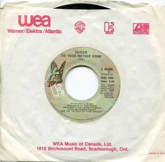 Tie Your Mother Down / Drowse - ELEKTRA E-45385 CANADA (1977) ~ No PS. Butterfly green Label