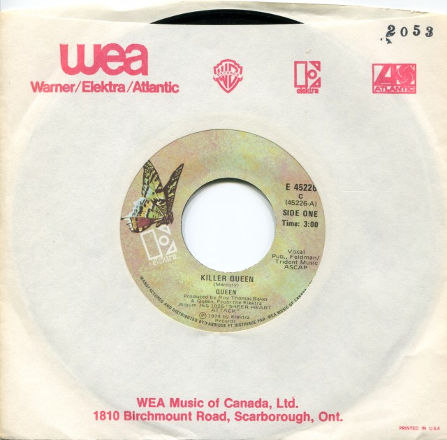 Killer Queen / Flick Of The Wrist - ELEKTRA E 45226 CANADA (1974) ~ Green Butterfly Label. No PS