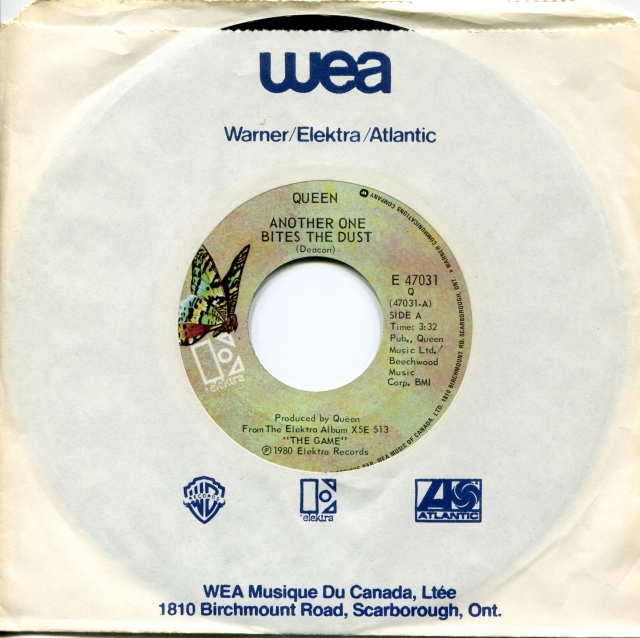 Another One Bites The Dust / Don't Try Suicide - ELEKTRA E 47031 CANADA (1980) ~ No PS. Green butterfly label