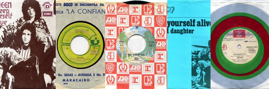 Five rare Queen sleeves and records arranged in a horizontal collage without stretching the original scans